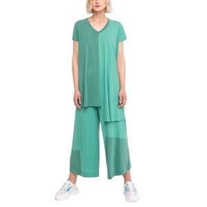 Ozai N Ku Green Wide Leg Cropped Cotton Linen Pants Small NWT Resort Lagenlook